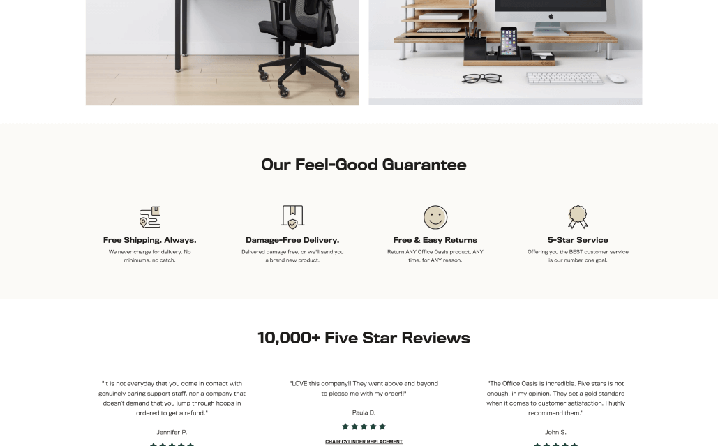 Screenshot of Office Oasis's "feel good guarantee," which tells customers they can return the item easily, especially if damaged, that it's fast and free shipping, and that they get great customer service.