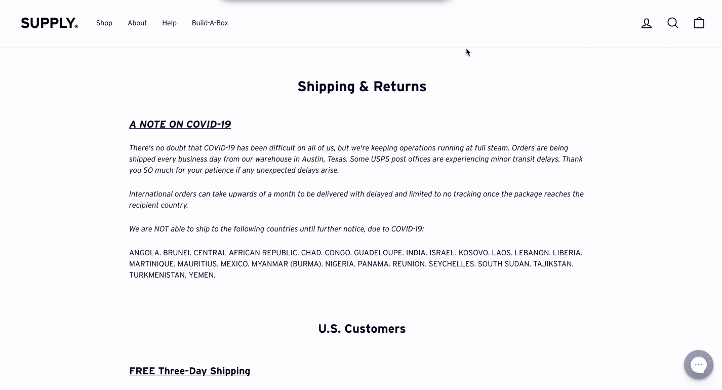 Video of Supply's return policy page