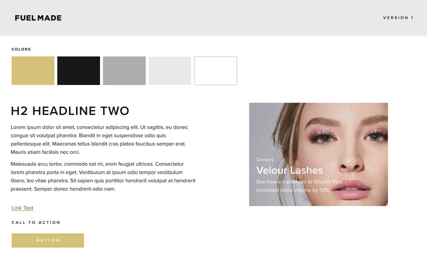 An initial style guide iteration showing a possible color palette, font options, and a link card style. The header is light gray with black text, and the fonts are all modern sans-serifs. The link card has white text over an image.
