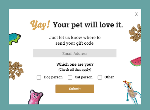 Pop-up asking customer customers if they own a dog, cat, or other kind of pet