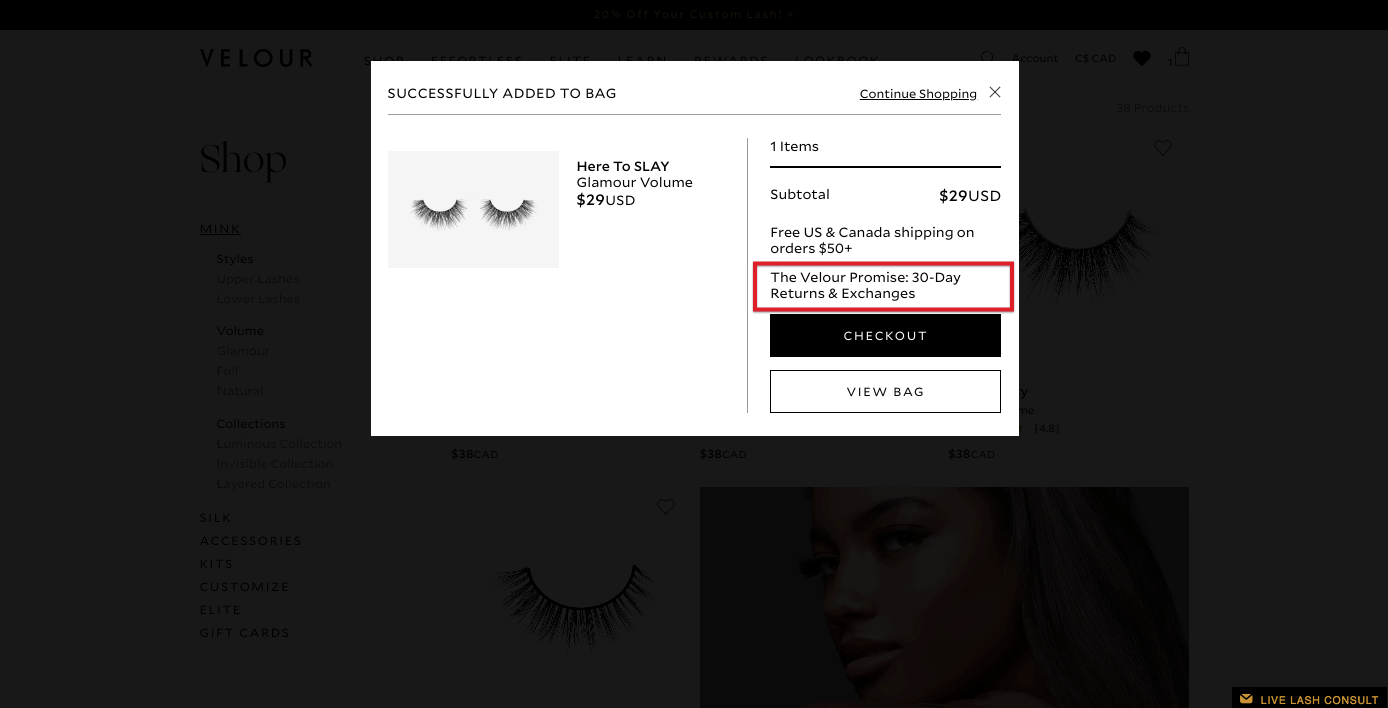 Screenshot of Velour Lashes product page that highlights its return policy