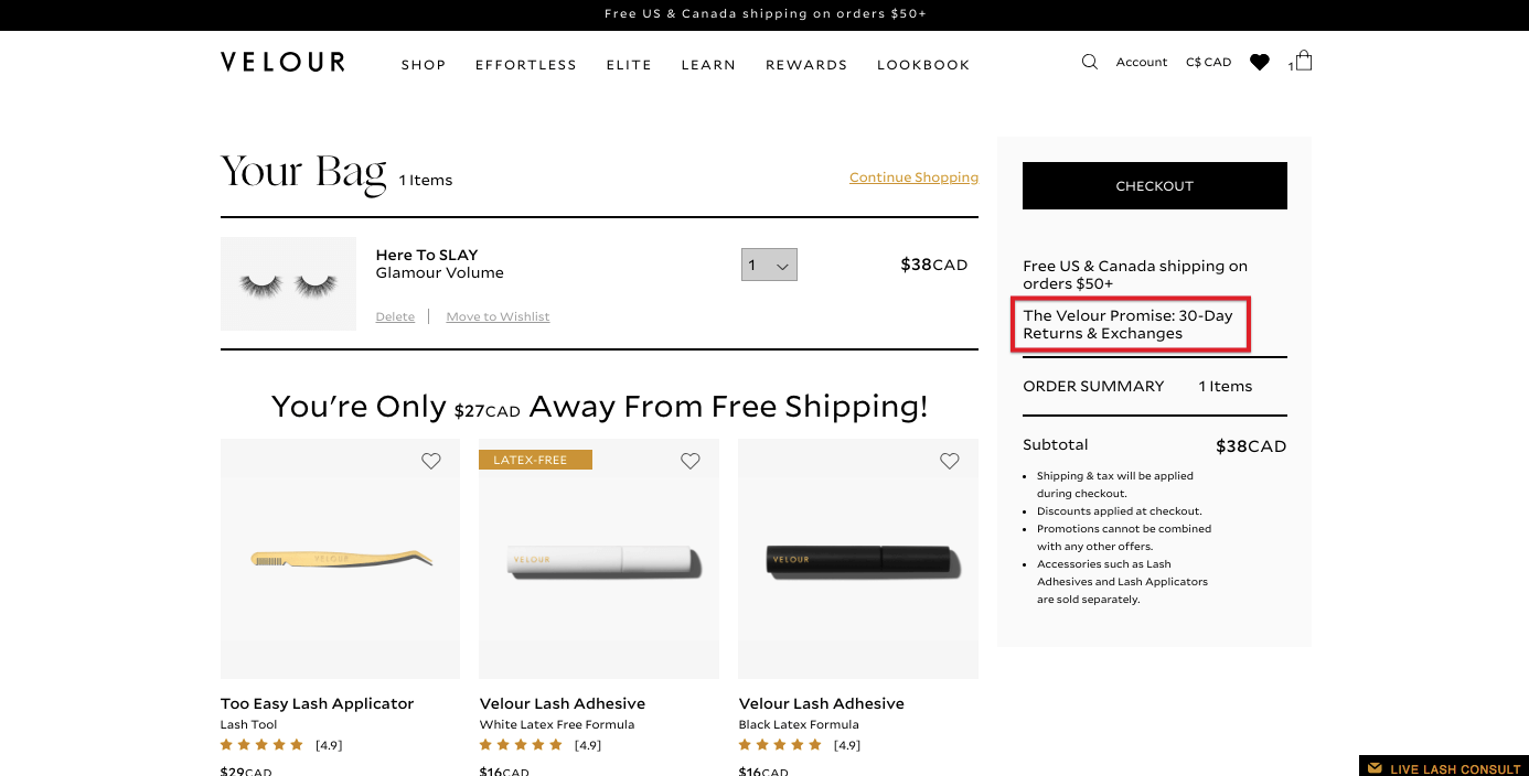 Screenshot of Velour Lashes' product page that highlights its return policy