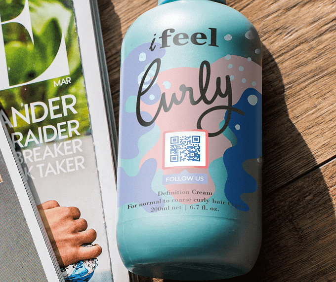 Image of a Shampoo Bottle with a QR code on it where customers can scan it with their phone to follow the brand on Facebook