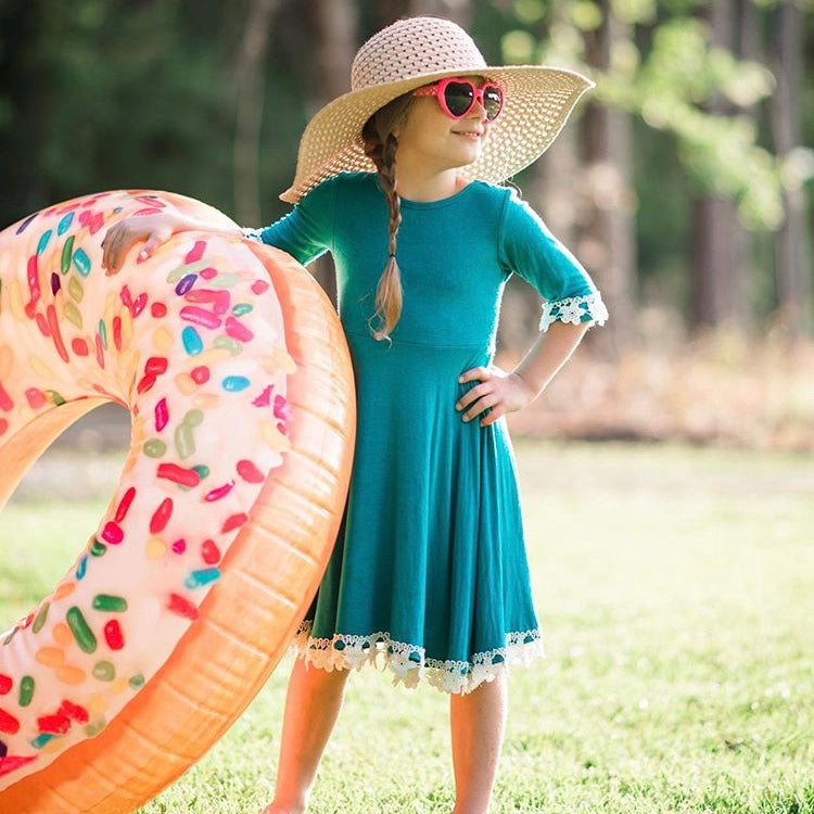 Girls Teal Lace Trim Dress