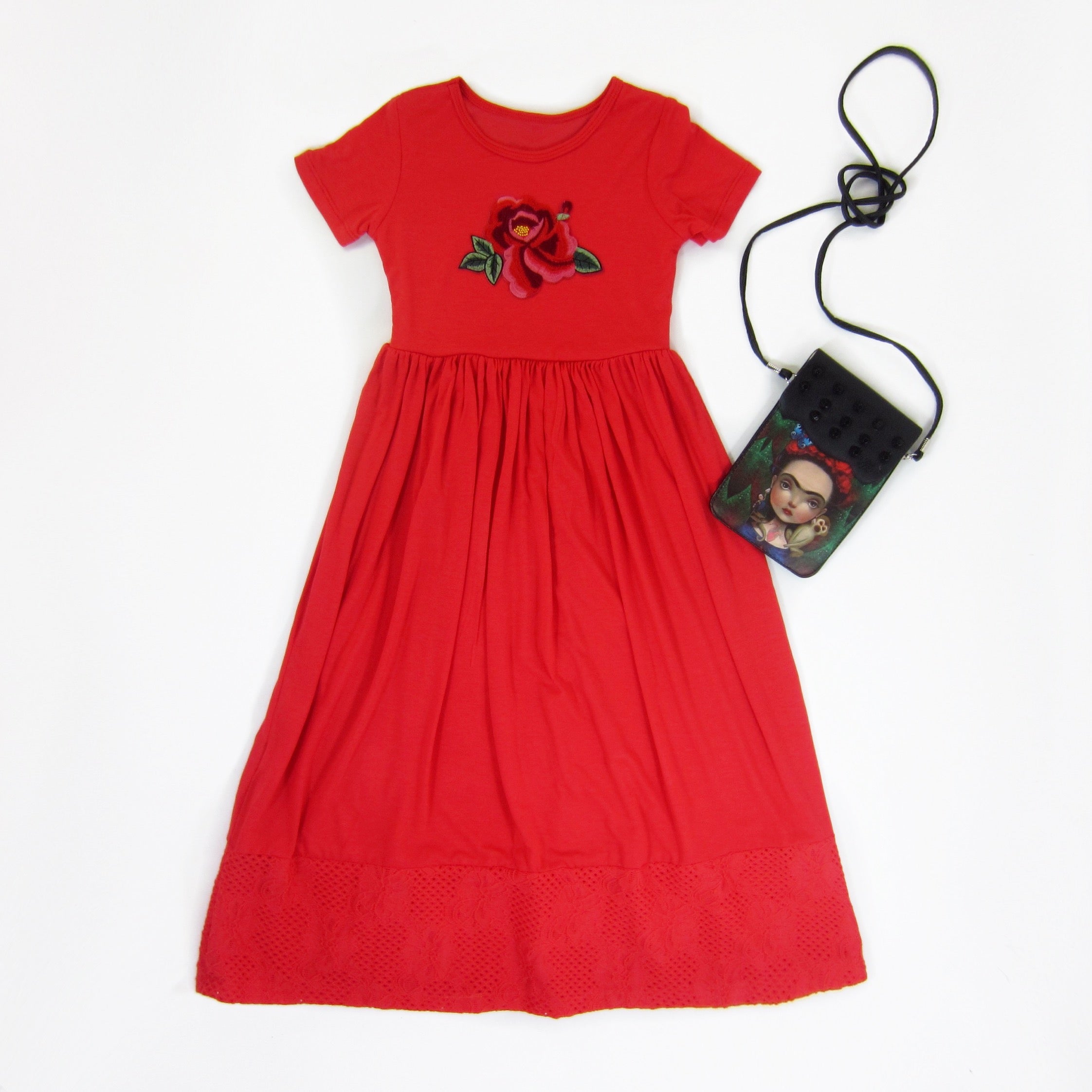 Girls Red Coral Maxi Dress with Embroidered Flower