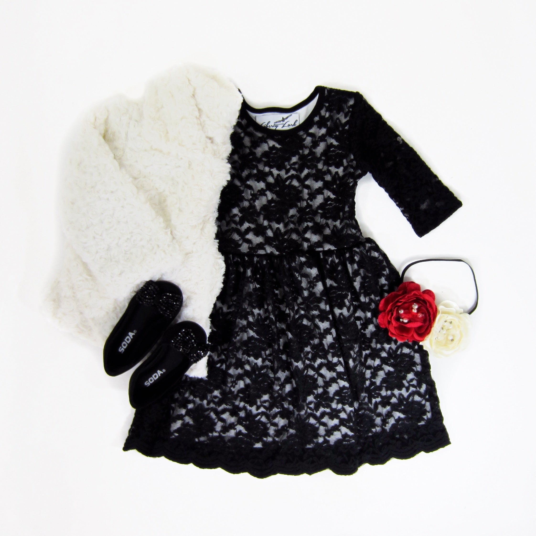 Girls Black Lace Dress with Scalloped Hem