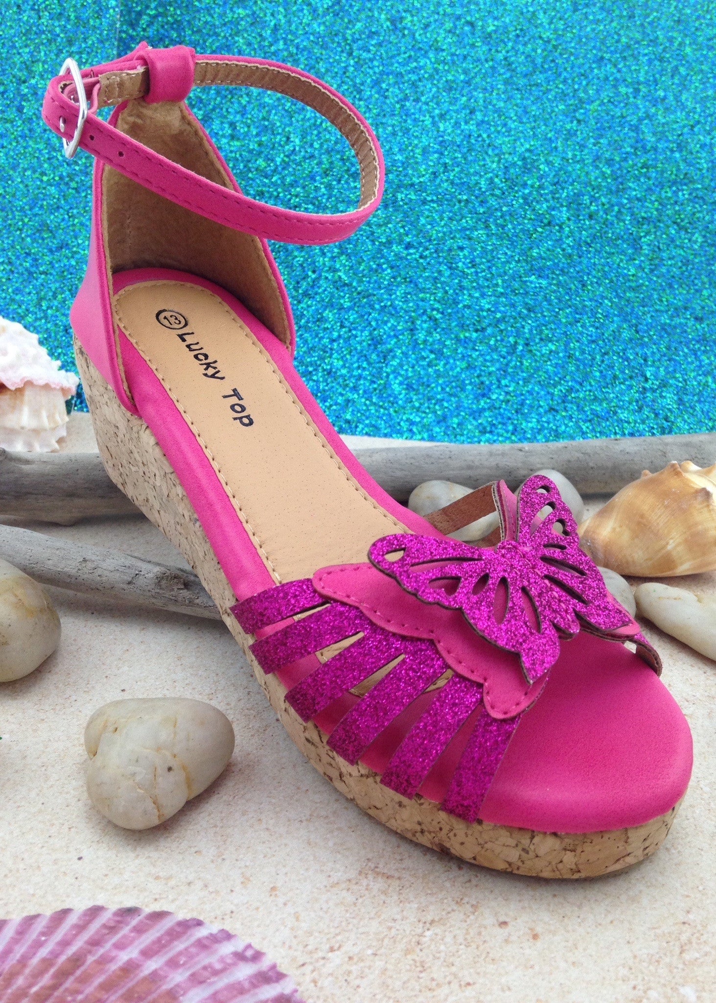 Girls Hot Pink Butterfly Wedges 