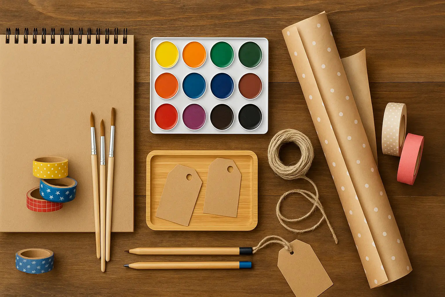 Affordable creative gift ideas under $20 including sketchbook, watercolor paints, washi tape, brushes, gift tags, twine, and wrapping paper on a wooden surface.