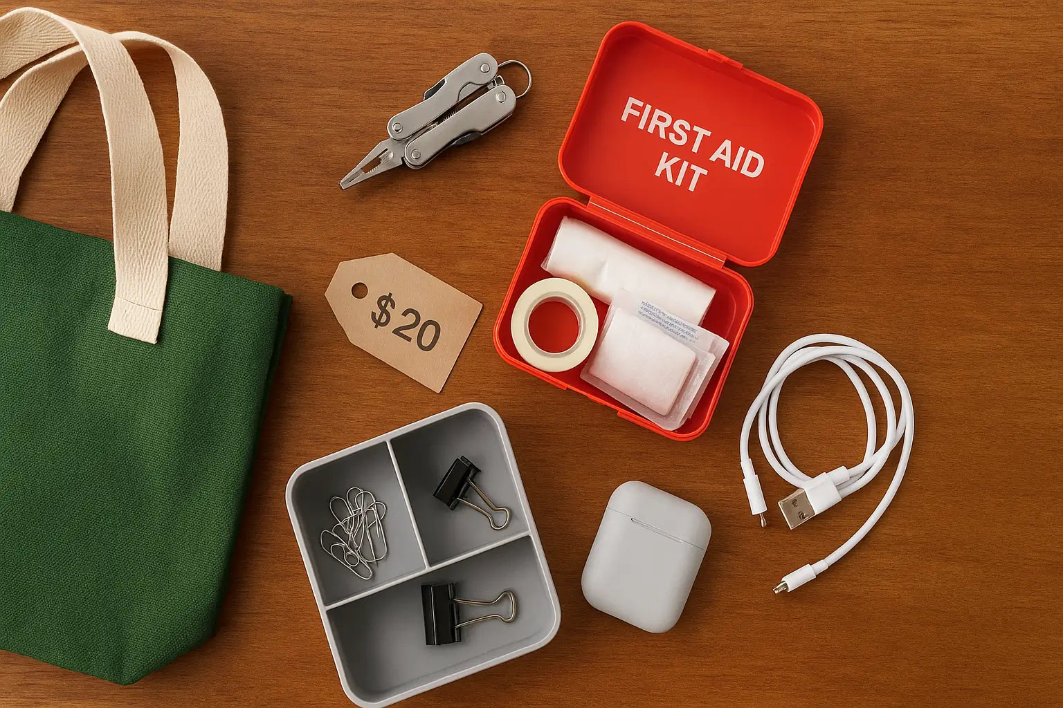 Practical gift ideas under $20 including reusable tote bag, first aid kit, multi-tool keychain, desk organizer, USB cable, and case on a wooden surface.