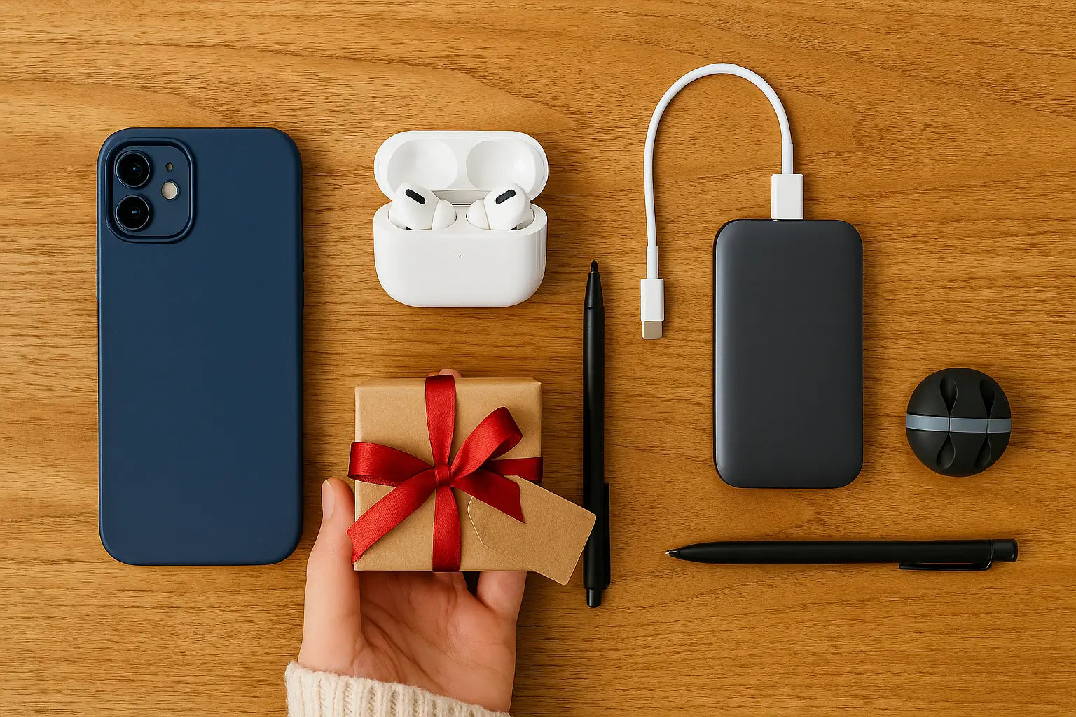 Affordable tech gift accessories under $20 including phone case, earbuds, portable charger, stylus pen, cable organizer, and a small wrapped gift on a wooden background.