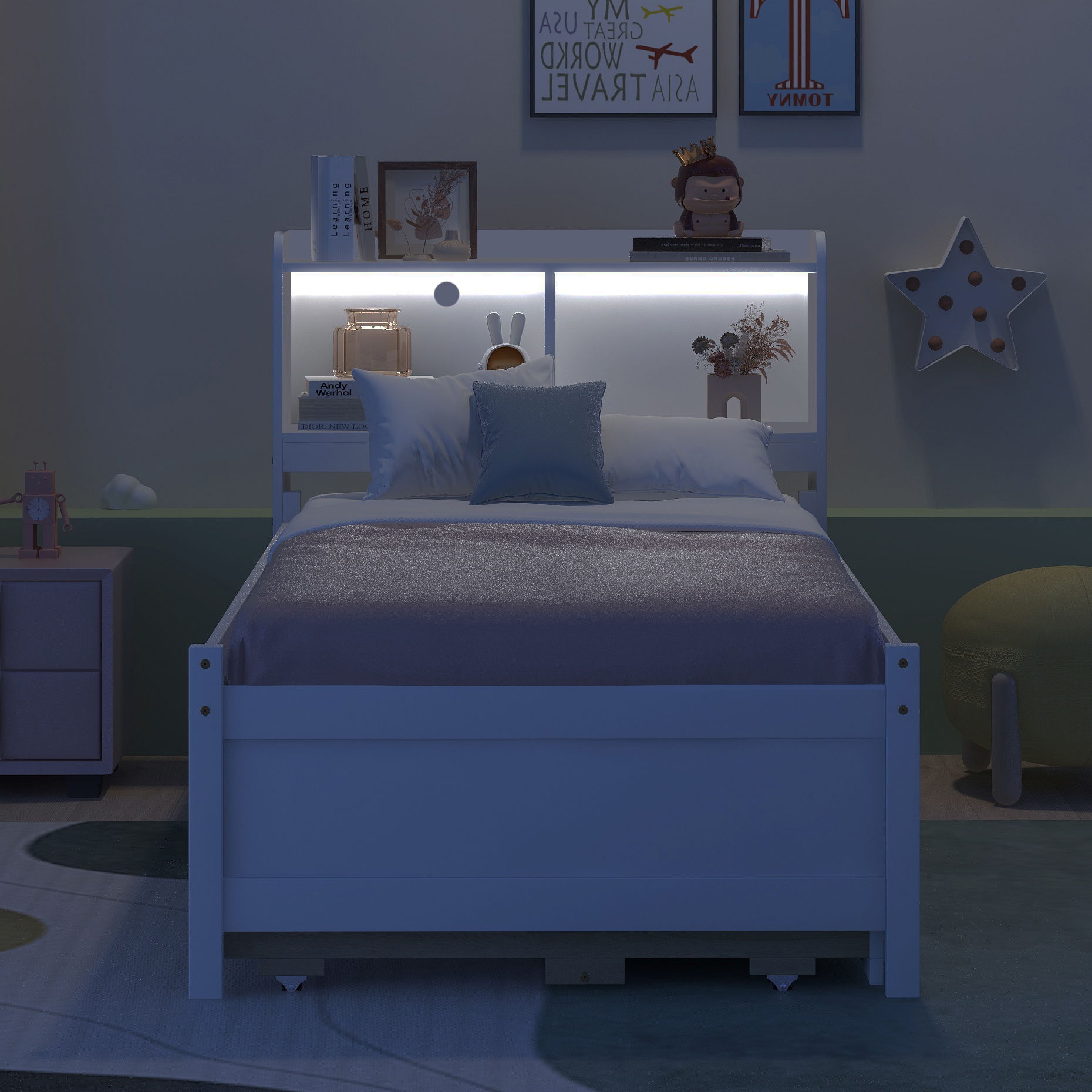 Espresso Bed with Bookcase Headboard, Trundle, 3 Storage Drawers and Built-in USB & Type-C Ports along with LED Light