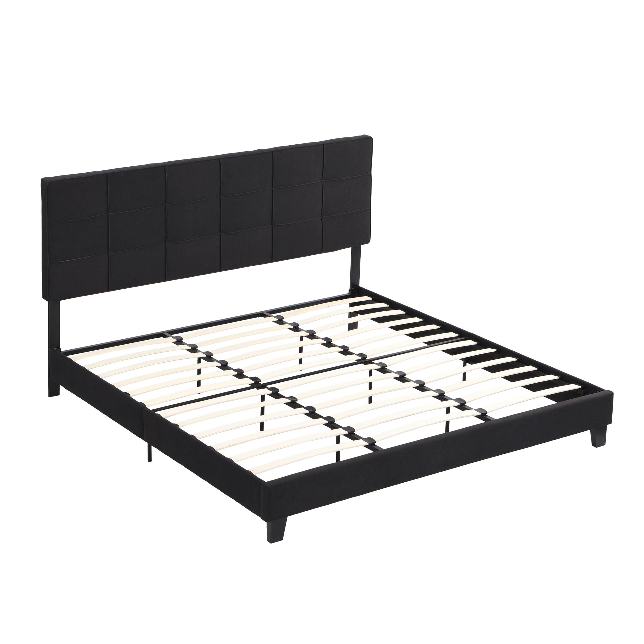 King Size Upholstered Platform Bed Frame: Button Tufted Linen Fabric Headboard, Wood Slat Support - No Box Spring Required