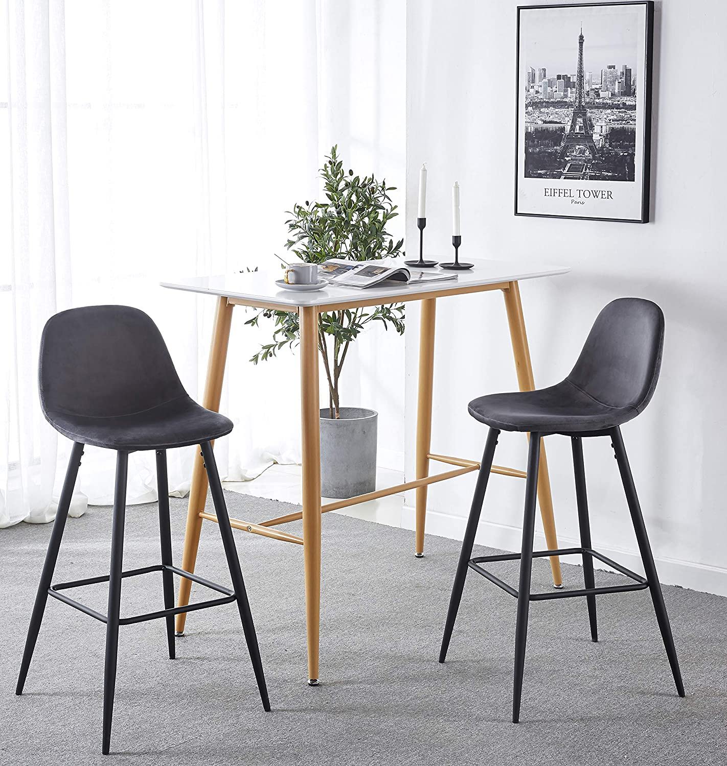 Set of 2 Velvet Barstools with Backrest