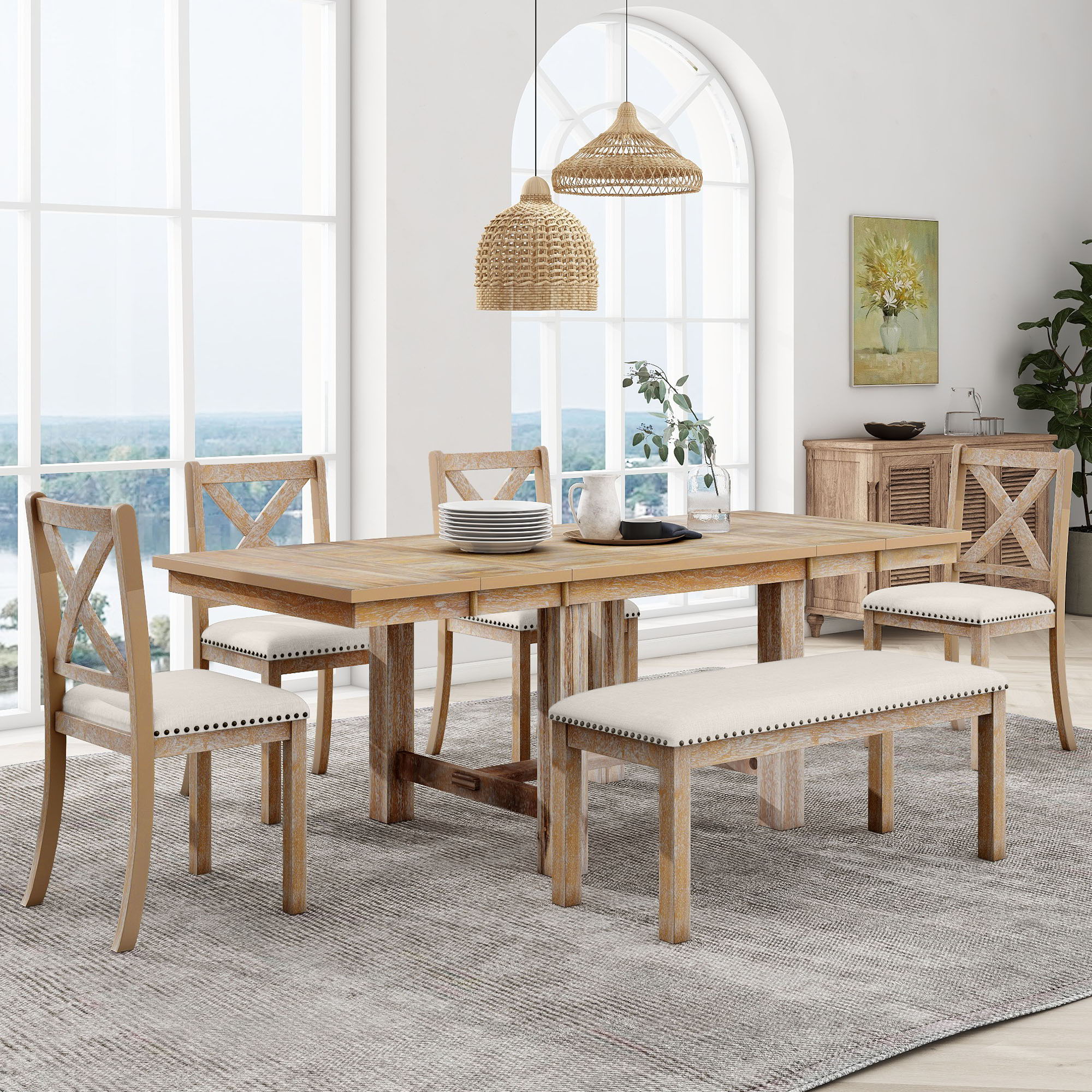 Topmax 6 - Piece Farmhouse Dining Set: Extendable Table with Footrest, 4 Upholstered Chairs, a Dining Bench, and Two 11" Removable Leaves
