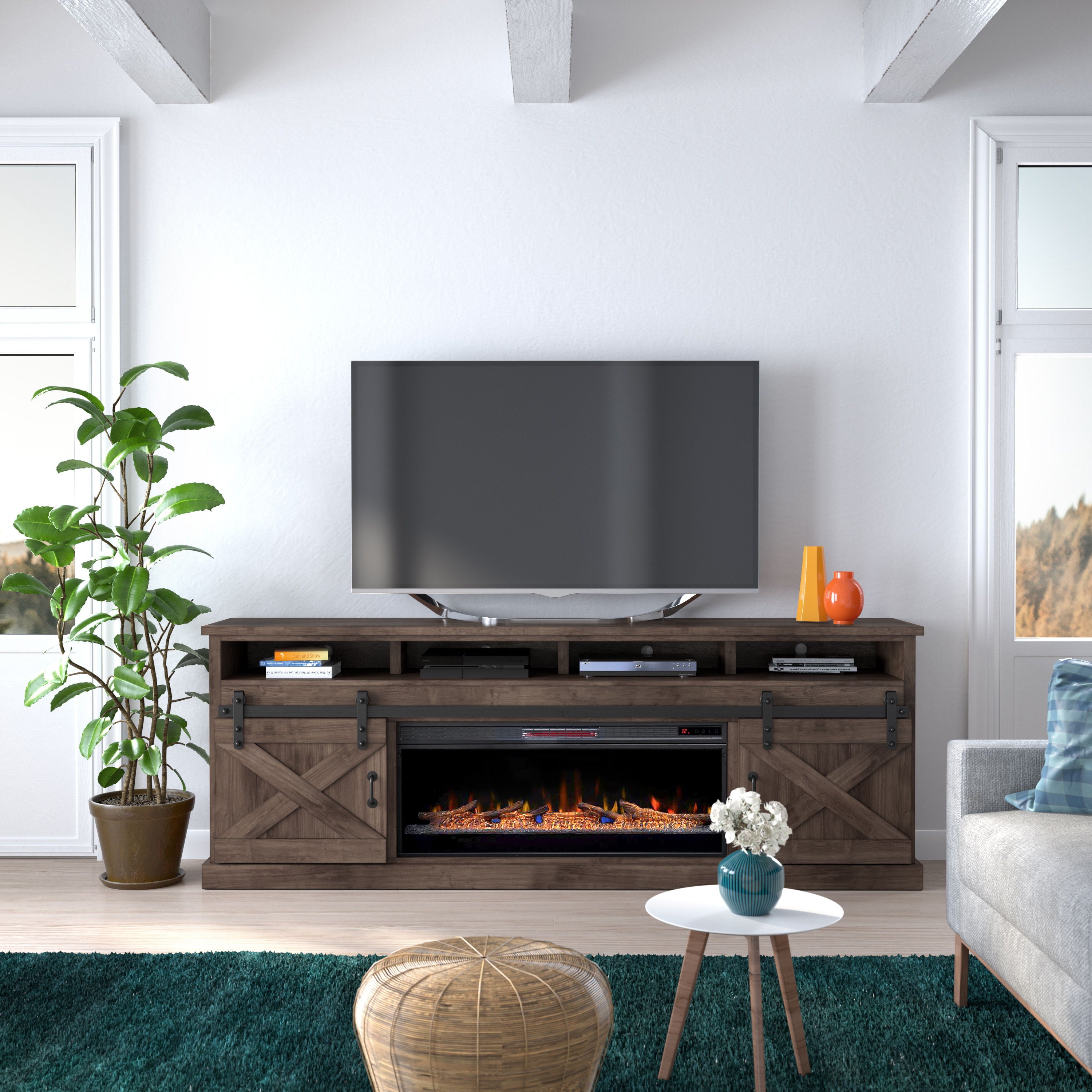 Farmhouse TV Stand with Integrated Electric Fireplace for Your TV