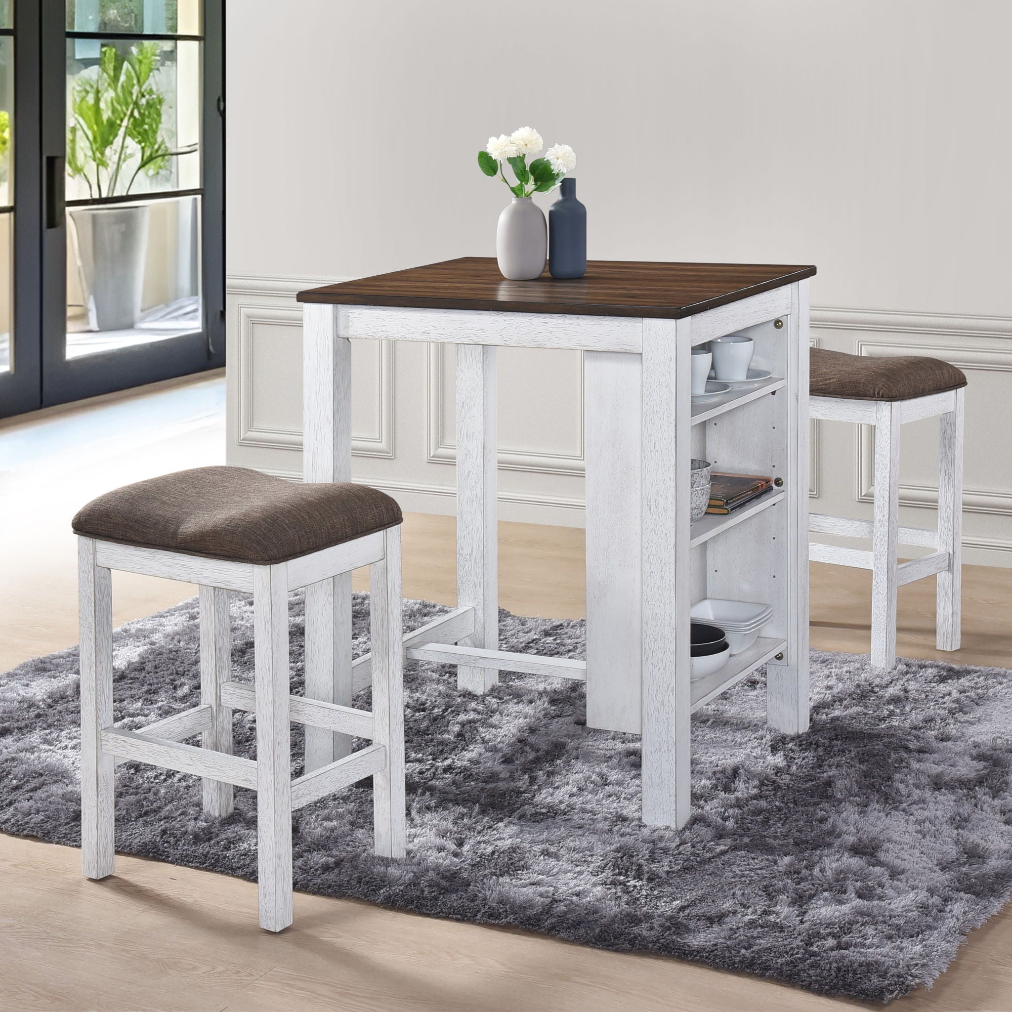 Modern Farmhouse 3-Piece Counter Set with Storage for Small Spaces - Retro Design, Easy Assembly in Antique Dark Oak or Antique White