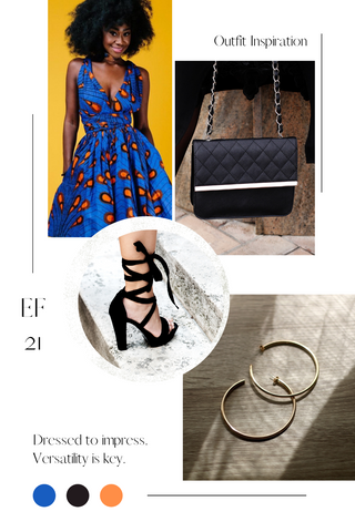 Multi-way wrap dress, clutch bag, hoop earrings and tie heels