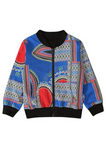 A blue and red dashiki African print bomber jacket for girls.