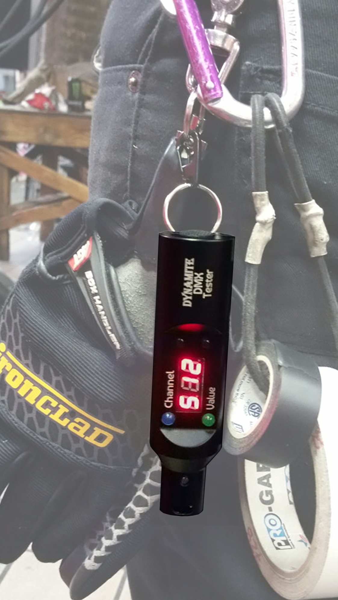 Dynamite DMX tester strapped on a key ring