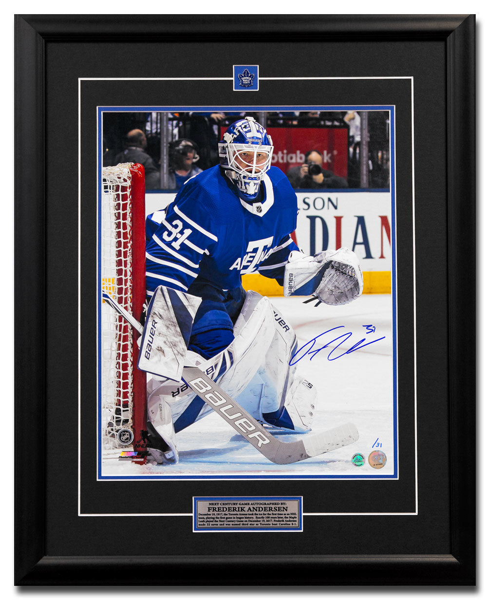  Frederik Andersen Signed Toronto Next Century Game 26x32 Frame #/31 