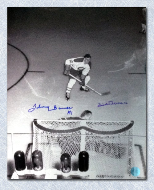  Johnny Bower vs Dickie Moore Dual Signed Legends Showdown Overhead 11x14 Photo 