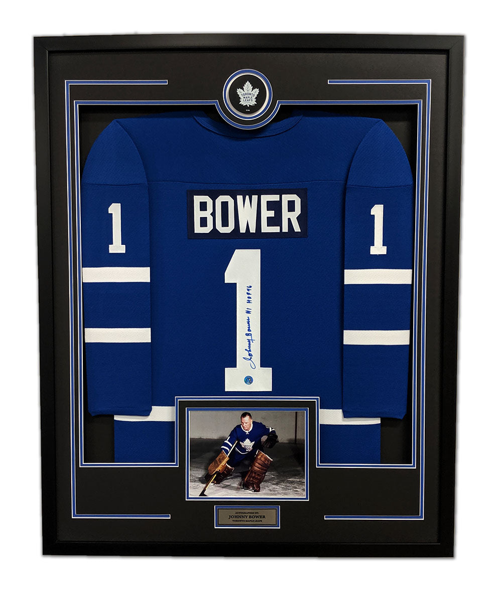  Johnny Bower Signed Toronto Maple Leafs Puck Logo 36x44 Jersey Frame 