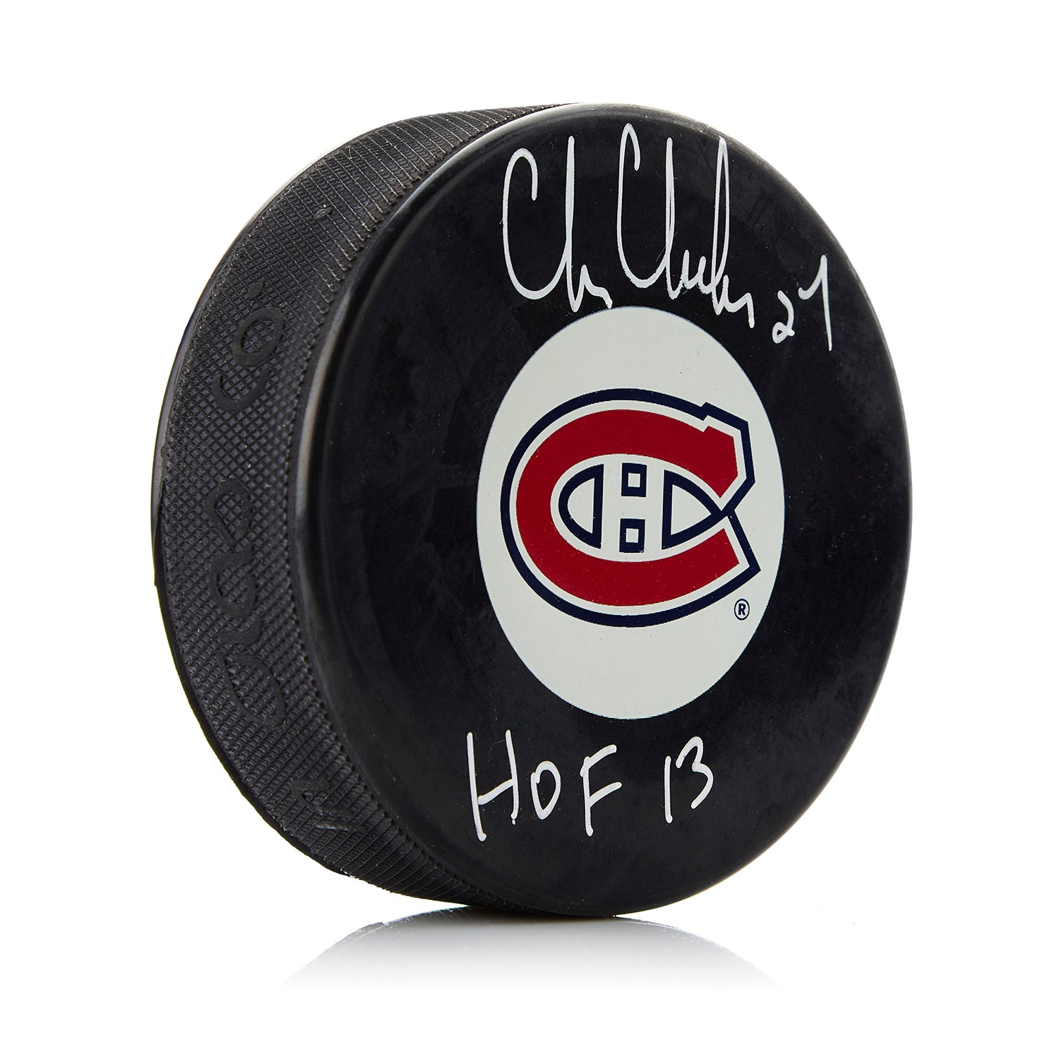  Chris Chelios Montreal Canadiens Autographed Hockey Puck with HOF Note 