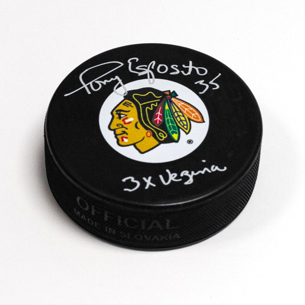  Tony Esposito Chicago Blackhawks Signed Hockey Puck with 3 x Vezina Note 