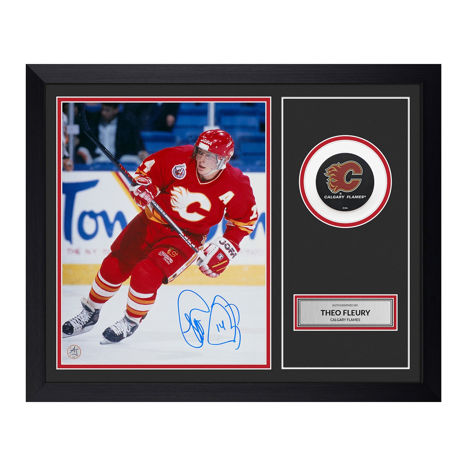  Theo Fleury Signed Calgary Flames Puck Logo 19x23 Frame 