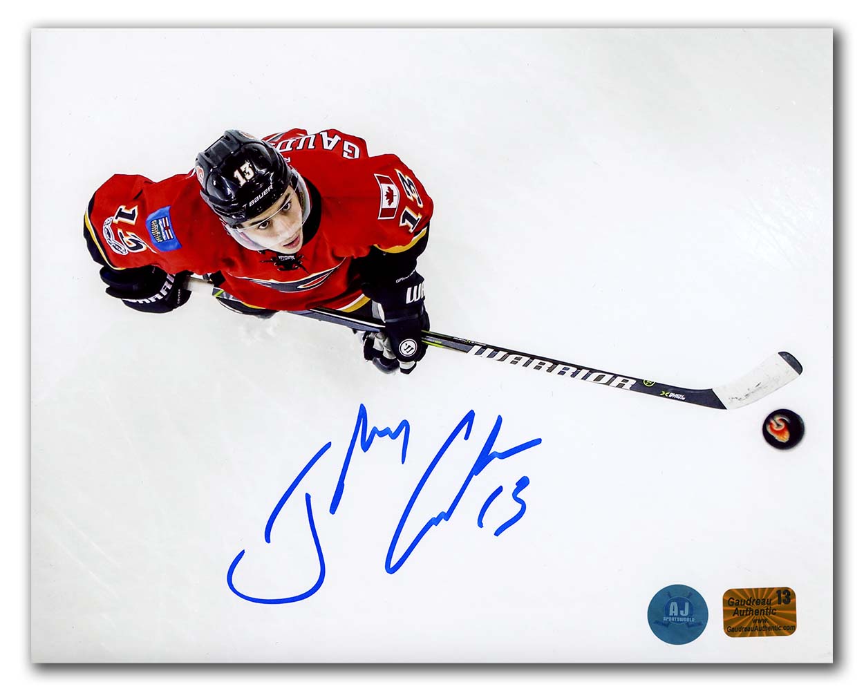  Johnny Gaudreau Calgary Flames Autographed Overhead Puck Wizard 8x10 Photo 