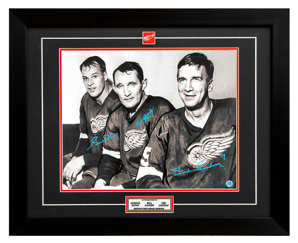  Gordie Howe, Bill Gadbsy & Ted Lindsay Signed Red Wings Legends 26x32 Frame 