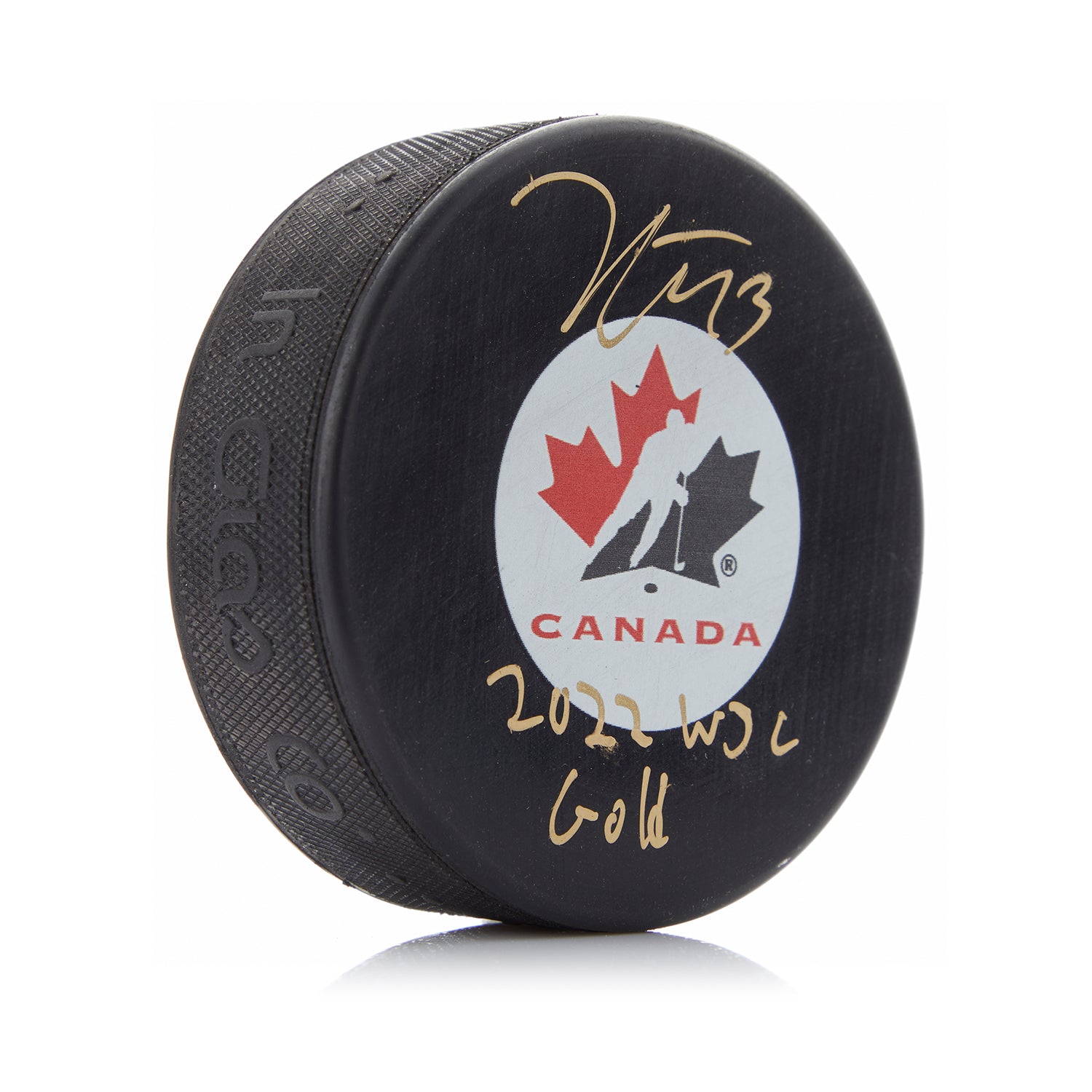  Kent Johnson Autographed Team Canada Puck with WJC Gold Note 