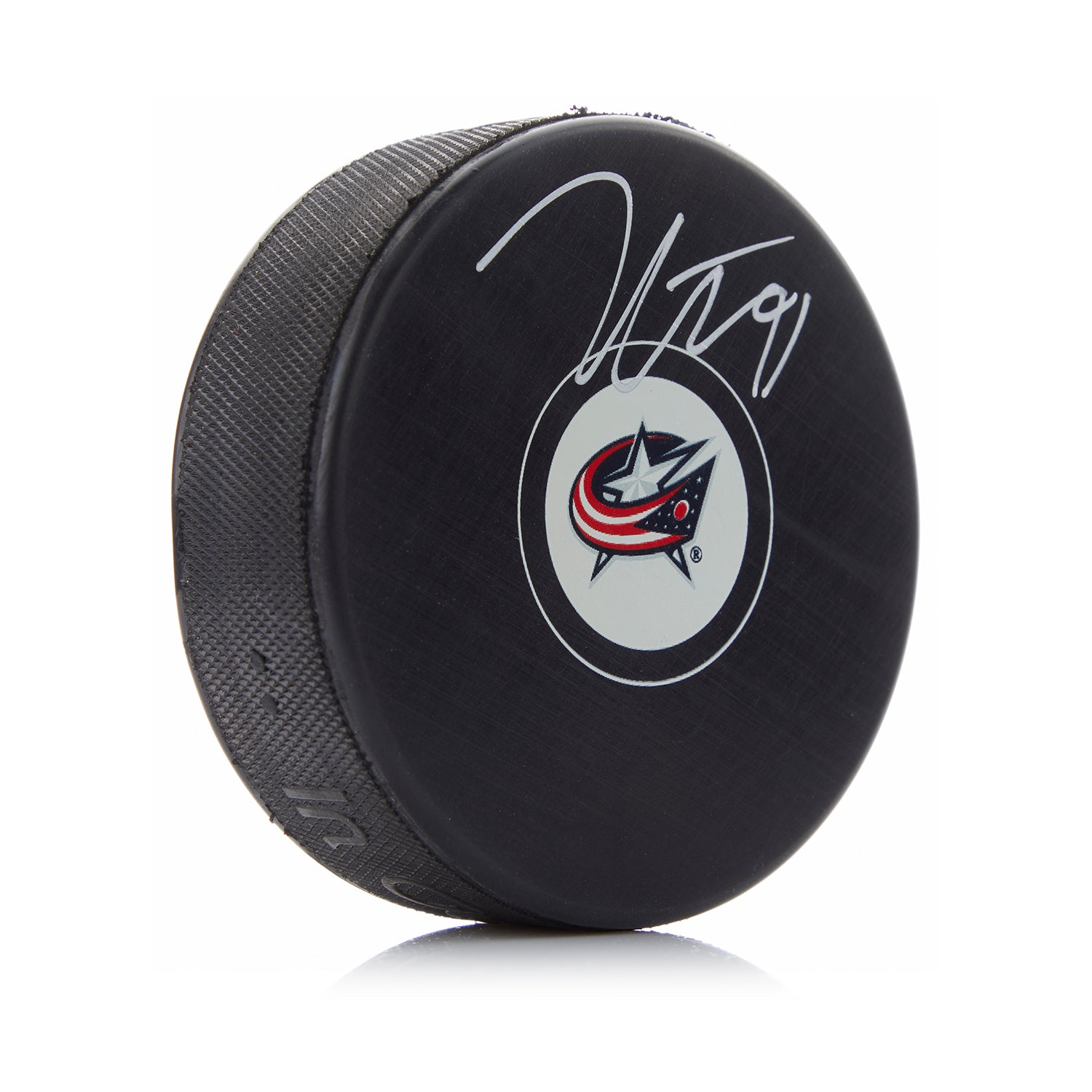  Kent Johnson Autographed Columbus Blue Jackets Hockey Puck 