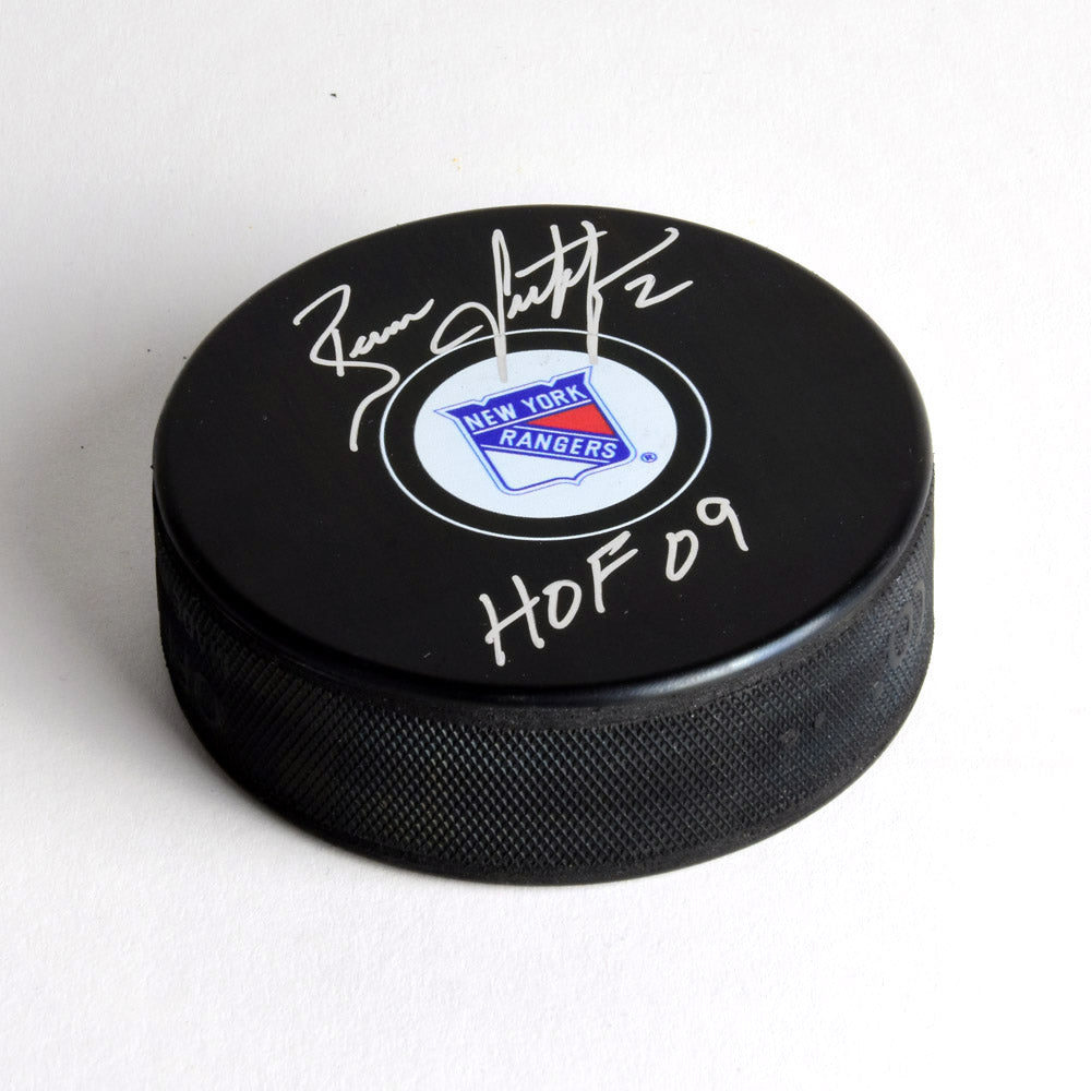  Brian Leetch New York Rangers Autographed Hockey Puck with HOF Note 