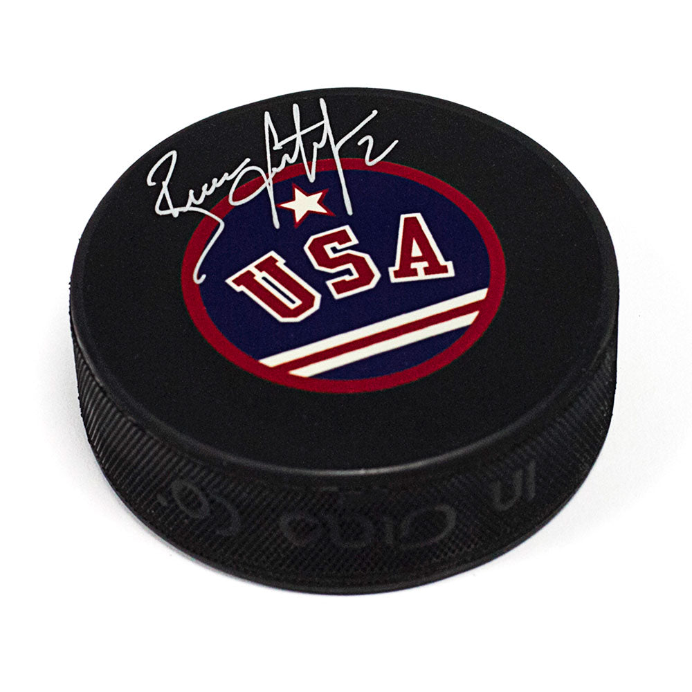  Brian Leetch Team USA Autographed Olympic Hockey Puck 