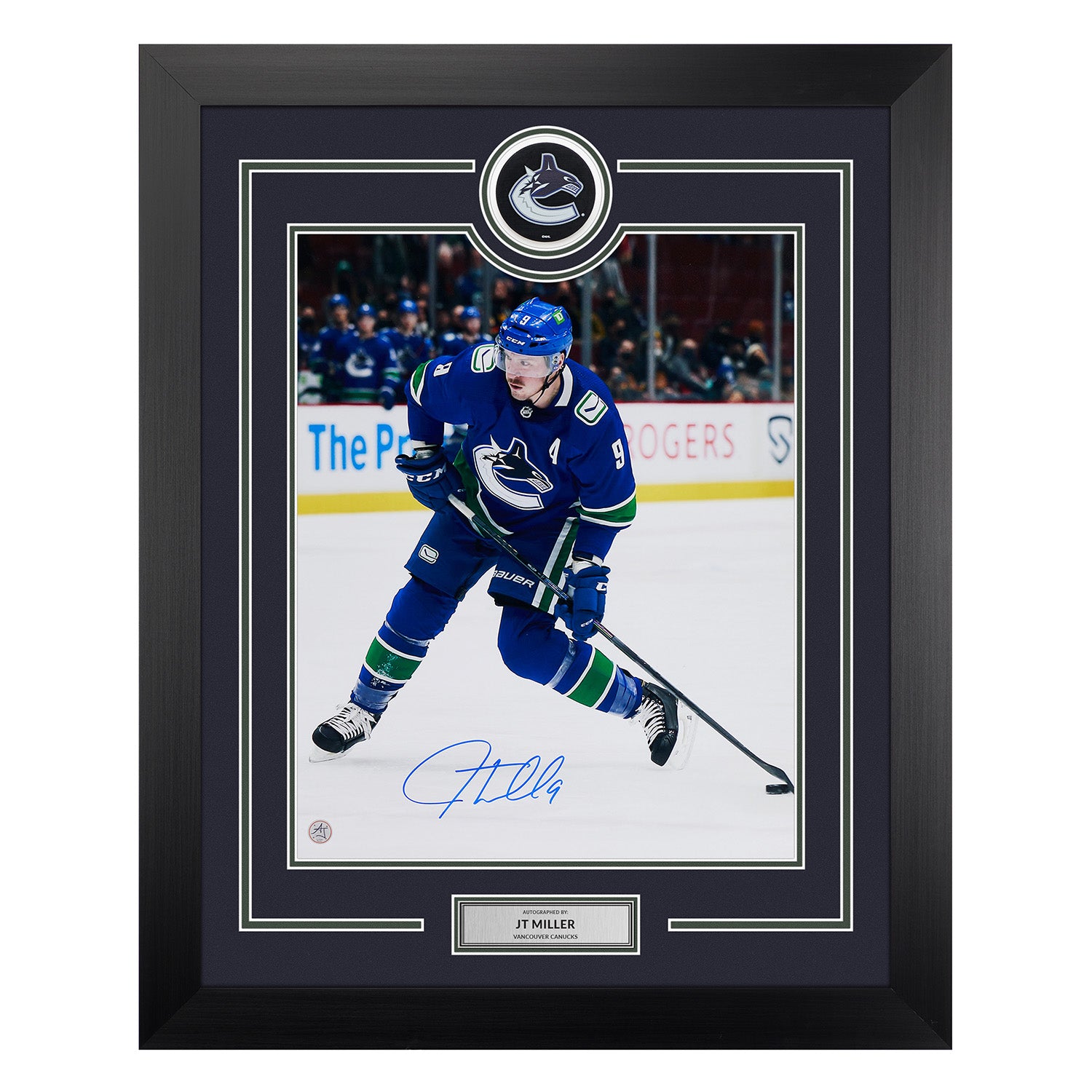  JT Miller Autographed Vancouver Canucks Puck Logo 26x32 Frame 