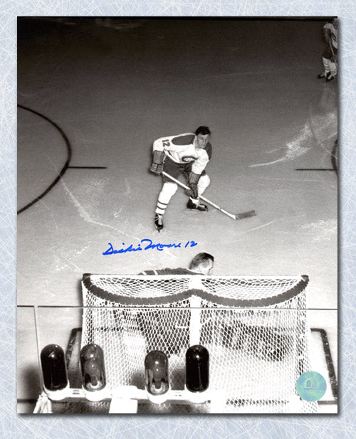  Dickie Moore Montreal Canadiens Autographed Overhead vs Bower 8x10 Photo 