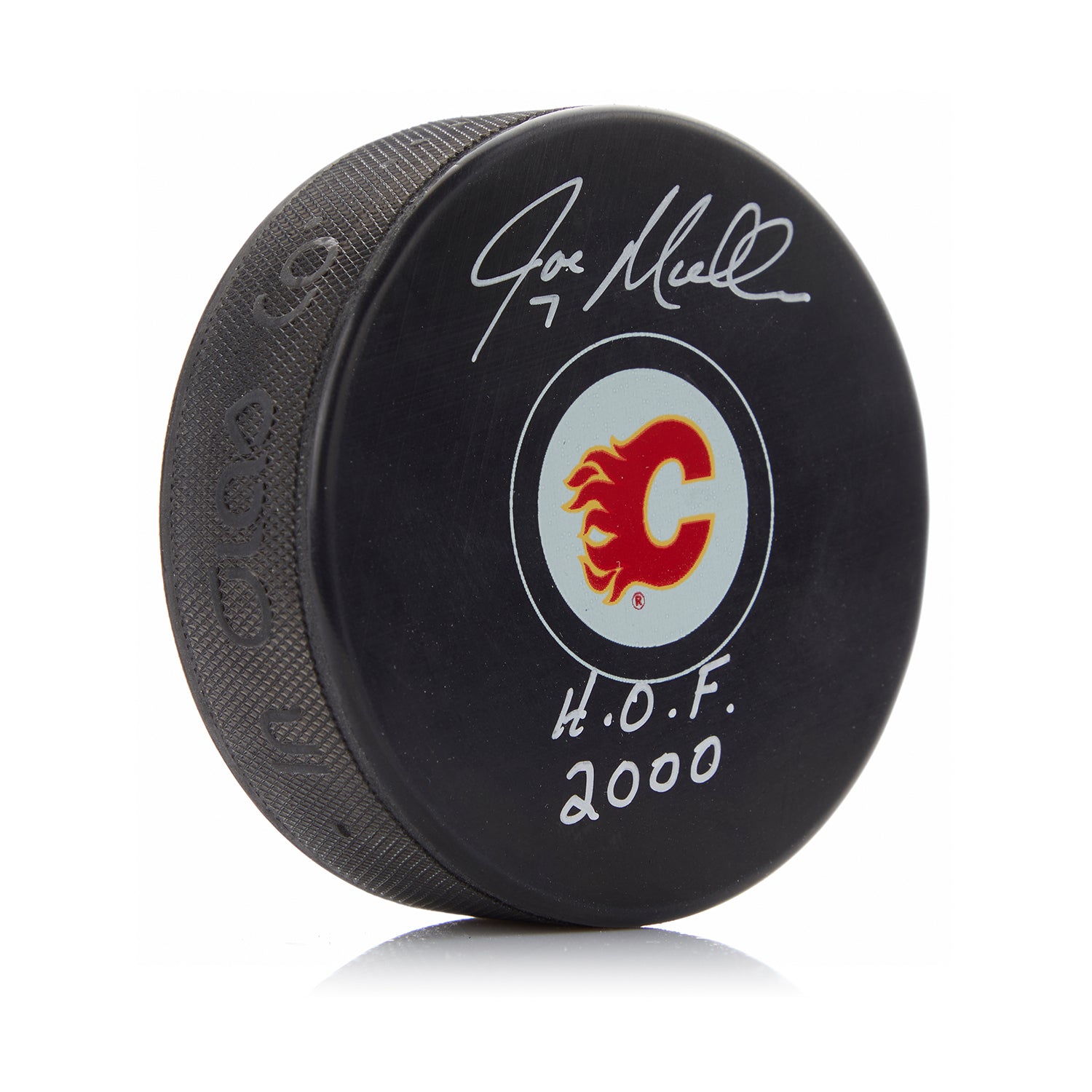  Joe Mullen Signed Calgary Flames Hockey Puck with HOF Note 