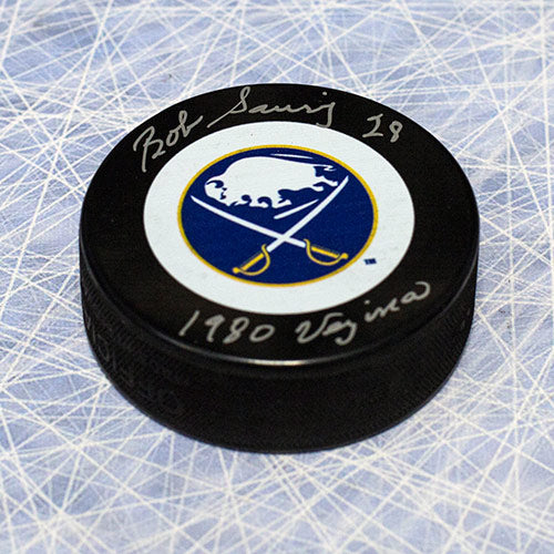  Bob Sauve Buffalo Sabres Autographed Hockey Puck with 1980 Vezina Note 