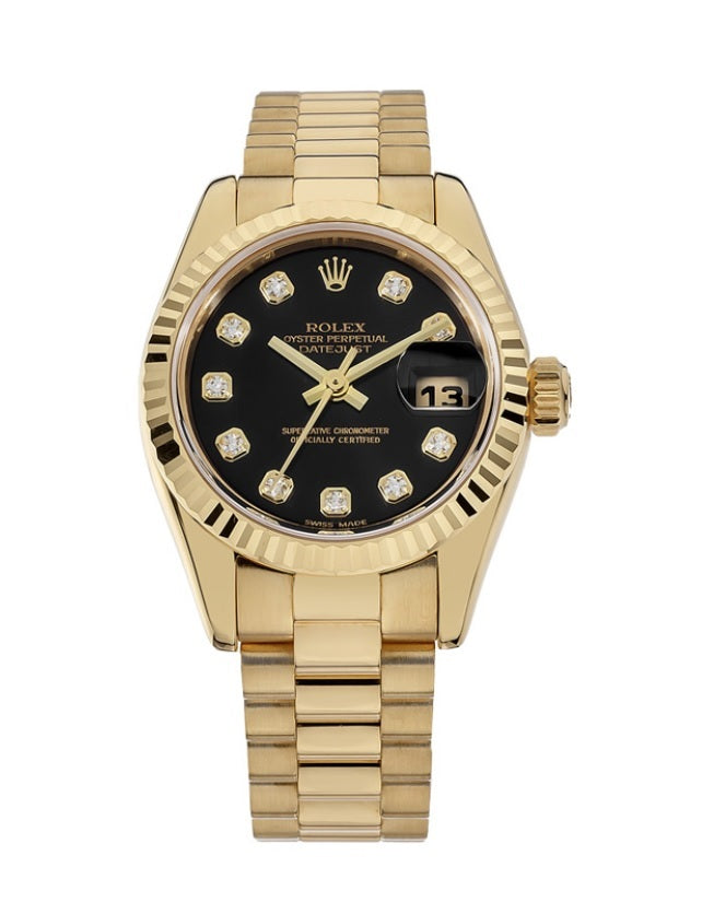 gold rolex with black face and diamonds