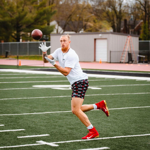 San Francisco 49ers NFL Star George Kittle wearing the Rude Vogue Mesh Short during off season workouts in Nashville