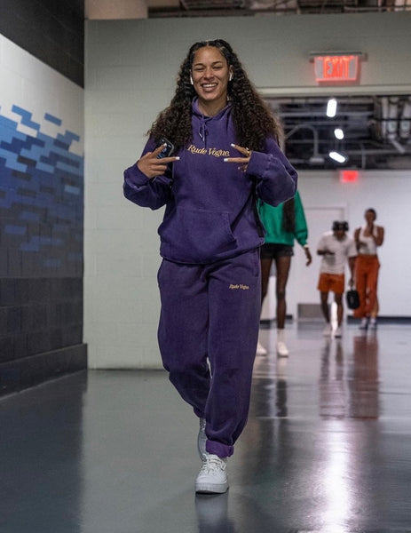 WNBA Dallas Wings star Veronica Burton in the Washed Grape Rude Vogue Sweatpants and Washed Grape Rude Vogue Hoodie