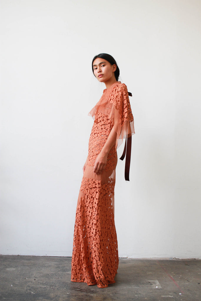 1930s Terracotta Lace Paneled Gown – Blossom Vintage