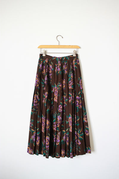 1980s Chocolate Floral Print Pleated Skirt