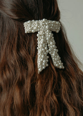 Sweet Velvet Pearl Bow Hair Clip Barrette - Double Header USA