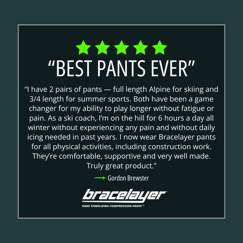 Bracelayer review graphic, best pants ever, best compression pants, compression leggings, compression leggings for men, compression leggings for women, compress knee, knee compress, knee brace, best knee brace, best knee support, best running knee supports, best knee support skiing, knee brace Canada