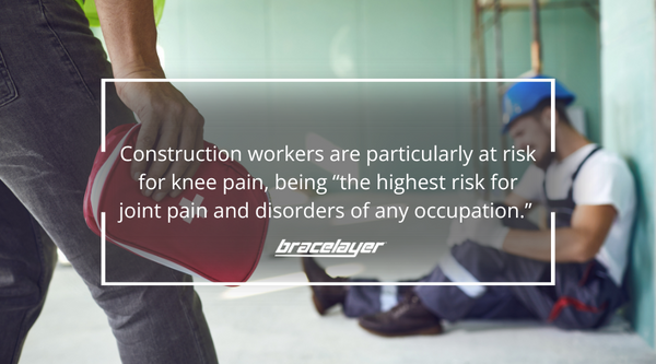 A graphic of a pull quote showing a construction worker with a knee injury about to receive first aid, construction knee injury, construction worker knee pain, knee brace for under work pants, knee compression, compression knee sleeve, knee injuries at work, knee pain, joint pain