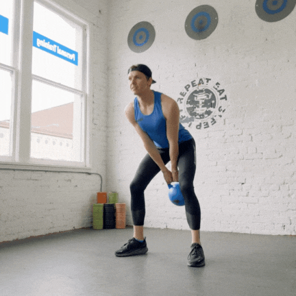 A gif of a person performing a kettlebell swing, one of the many knee injury prevention exercises provided in this blog post.