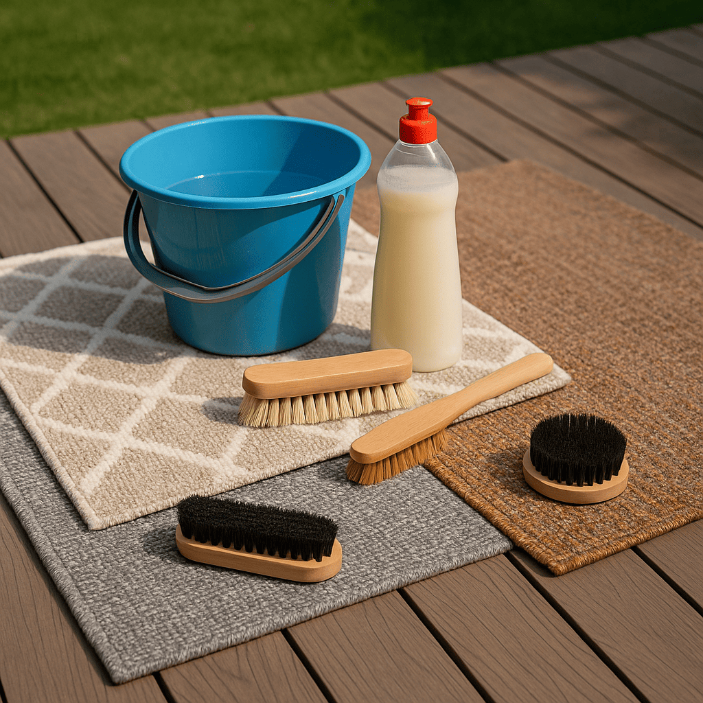 Trois petits tapis d’extérieur en polypropylène posés sur une terrasse en bois, accompagnés d’un seau d’eau tiède, d’un flacon de savon doux et de plusieurs brosses