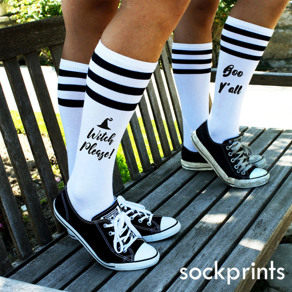 This is an image of customized "Witch Please" striped knee high socks.